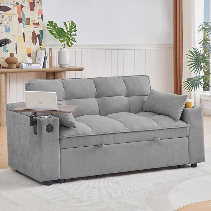 65'' 3-in-1 Folding Convertible Sofa Bed, Queen Size Pullout Sofa, Modern Chenille Fabric, 360° Swivel Side Table, Easy Assembly, Perfect for Living Room