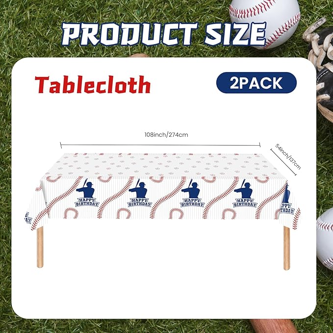 2 Packs Baseball Tablecloth Plastic 54 X 108Inch, Baseball Party Decorations Table Cloth Disposable Rectangle Sports Ball Table Cover for Baseball Birthday Party Supplies (Baseball)