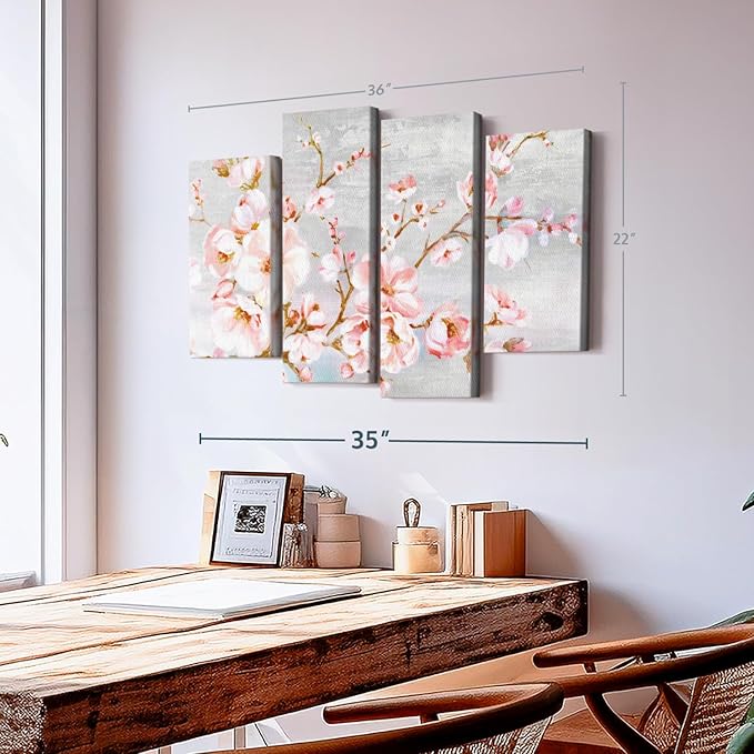 Elephant Stock Spring Cherry Blossoms Wall Art - Horizontal Canvas - 4-Piece Living Room Wall Decor - Painting Floral and Botanical Canvas Print - Pink and Brown Decor for Wall by Eva Watts - 36" X 22"