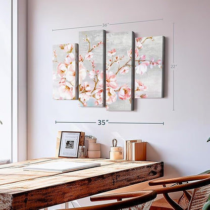 Elephant Stock Spring Cherry Blossoms Wall Art - Horizontal Canvas - 4-Piece Living Room Wall Decor - Painting Floral and Botanical Canvas Print - Pink and Brown Decor for Wall by Eva Watts - 36" X 22"