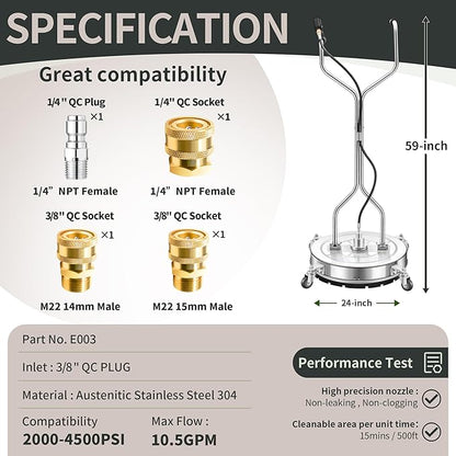 24" Pressure Washer Surface Cleaner with 4 Wheels - Stainless Steel Dual Handle Surface Cleaner for Pressure Washer Attachment for Concrete, Patio, Sidewalk, Deck and Driveways - PWS 24