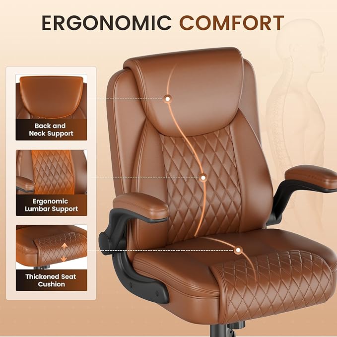 GTPLAYER Leather Office Chair, Home Desk Chair with Flip-up Arms and Ergonomic Back - Comfy Heavy Duty Executive Chair for Home Office Gaming, Brown
