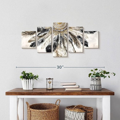 ElephantStock - Necklace Of Feathers Iii Wall Art - Horizontal Multi Panel Canvas - 5 Piece Living Room Wall Decor - Painting Multi Piece Wall Art - Brown And Gray Decor by Eva Watts - 29" x 12"