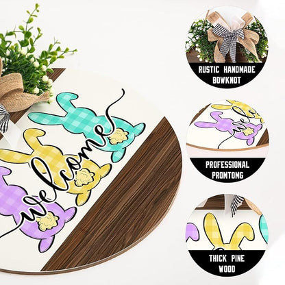 Happy Easter Sign 12X12 Inch Easter Bunny Rabbit Sign Easter Decorations Door Hanger for Outdoor Outside Porch Spring Easter Wood Plaque Round Easter Welcome Sign for Home Farmhouse Porch Wall Indoor