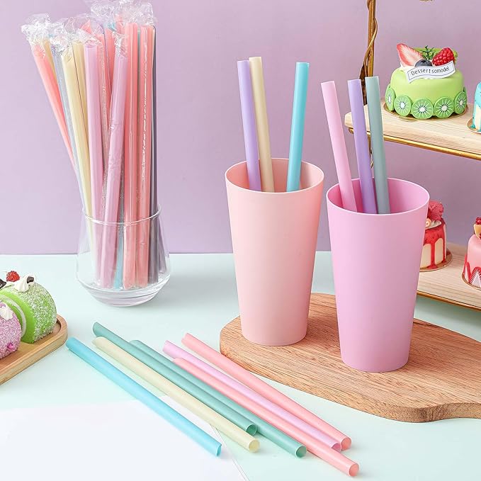 Tessco for you Jumbo Smoothie Straws Bulk Large Plastic Disposable Bubble Tea Straws Wide-Mouthed Individually Wrapped for Tall Homemade Milkshakes Drinking(9.84 Inch,Macaron Color,600 Pcs)