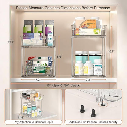 Delamu 2 Tier Snap-Lock Bathroom Under Sink Organizers and Storage, Multi-Purpose Cabinet Drawers with Movable Dividers, Pull Out Organization for Countertop, Kitchen and Pantry(Clear, 2 Pack)