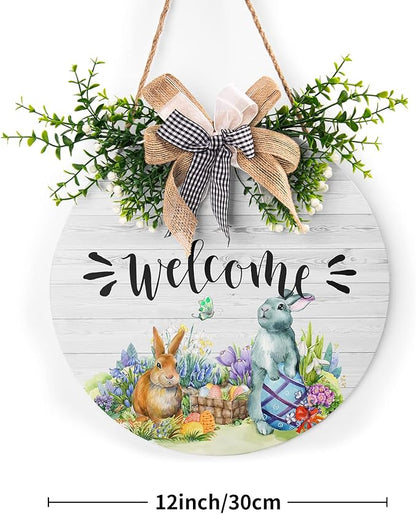 Harooni Easter Wooden Sign, 12 Inches, Rustic, Pastel Pink, Yellow, Green; Black, White, Round, Welcome, Wood, Hanging, Front Door, Front Porch, Wall