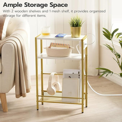 HOOBRO Small Narrow Side Table with Charging Station, Skinny End Table for Small Spaces, Slim Nightstand with USB Ports Outlet, Sofa Beside Table with Storage Shelf, White and Gold DW102UBZ01