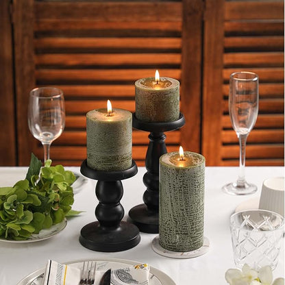 3x3 Inch Moss Green Pillar Candles - Set of 3, Long Clean Burning, Smokeless Dripless Candles for Spring Home Decor, Dinner Table, Bathroom, Rustic Decor