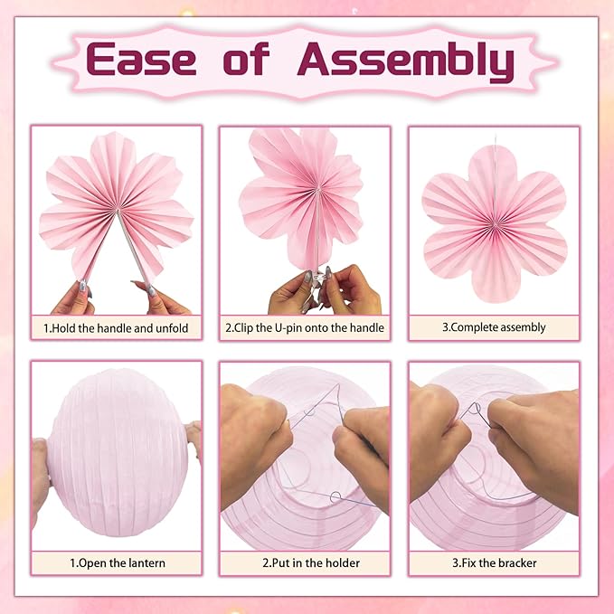 18Pcs Pink Party Decoration Kit, Hanging Pink Paper Lanterns Paper Flowers Fans for Girls Women Birthday Baby Bridal Shower Wedding Valentines Day Decorations