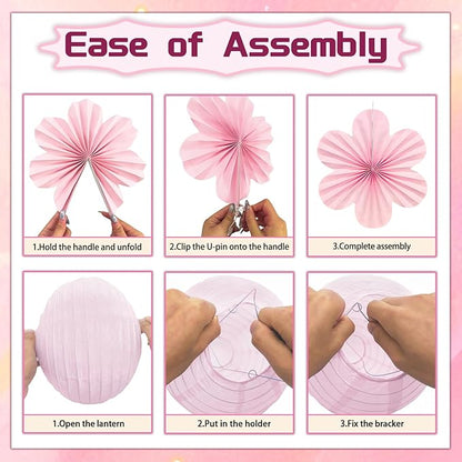 18Pcs Pink Party Decoration Kit, Hanging Pink Paper Lanterns Paper Flowers Fans for Girls Women Birthday Baby Bridal Shower Wedding Valentines Day Decorations