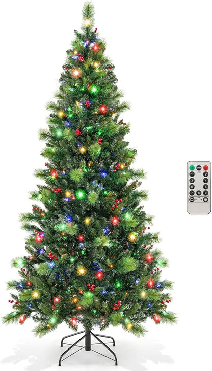 GOFLAME 7FT Pre-Lit Christmas Tree, Hinged Artificial Xmas Tree with Pine Needles, 974 Branch Tips, 36 Clusters of Red Berries, 400 LED Lights, 9 Lighting Modes, 4 Brightness, Remote Control & Timer