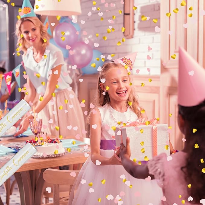 16" Confetti Cannons with Pink & Gold Heart Filling - Party Poppers for Gender Reveal Baby Shower Bridal Shower Valentine Wedding Anniversary - Easy to Use - Pack of 2