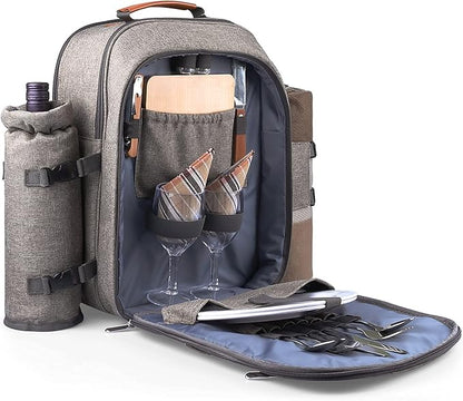 Sunflora Insulated Picnic Backpack for 2 Person Bag with Cooler Compartment, Blanket and Stainless Steel Cutlery Set for Couple, Lovers and Friends (Brush Beige)