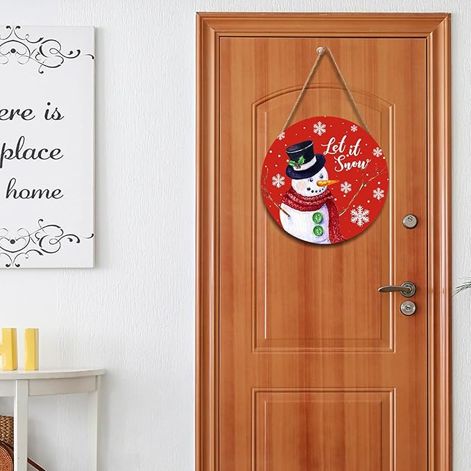 Christmas Snowman Front Door Sign Snowflake Wood Door Hanger for Outdoor Outside Porch xtmas Decorations Welcome Sign Farmhouse Round Wall Hanging Christma Wreath Xmas Decor for Home 12"x12"