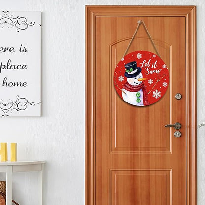 Christmas Snowman Front Door Sign Snowflake Wood Door Hanger for Outdoor Outside Porch xtmas Decorations Welcome Sign Farmhouse Round Wall Hanging Christma Wreath Xmas Decor for Home 12"x12"