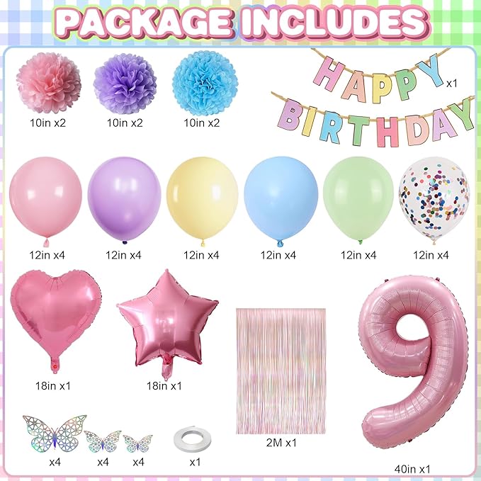 Pastel 9th Birthday Party Decorations for Girls Number 9 Balloon Happy Birthday Banner Butterfly Stickers Fringe Curtain Paper Pom Poms Macaron Pink Star Heart Foil Colorful Balloons 9 Year Old Decor
