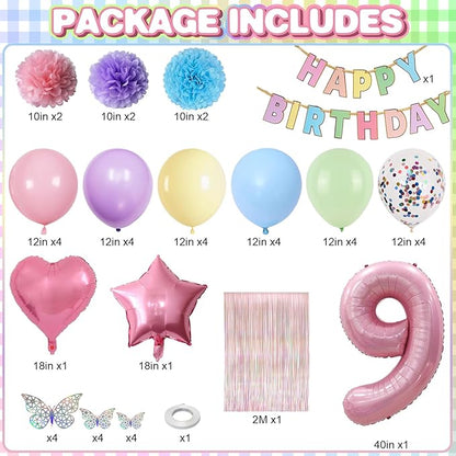 Pastel 9th Birthday Party Decorations for Girls Number 9 Balloon Happy Birthday Banner Butterfly Stickers Fringe Curtain Paper Pom Poms Macaron Pink Star Heart Foil Colorful Balloons 9 Year Old Decor