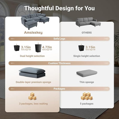Modular Sectional Sofa, 111.5" U-Shaped Corduroy Comfy Sectional Couches for Living Room, 3-Seater Cloud Couches with 2 Movable Ottomans, Flexible Combination Modern Deep Seat Sofa (Grey)
