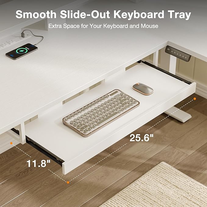 Casaottima 59 Inch Electric L-Shaped Standing Desk with Drawers, Height Adjustable Stand Up Corner Desk with Monitor Stand & Keyboard Tray, Lift Table for Home Office, Workstation, White