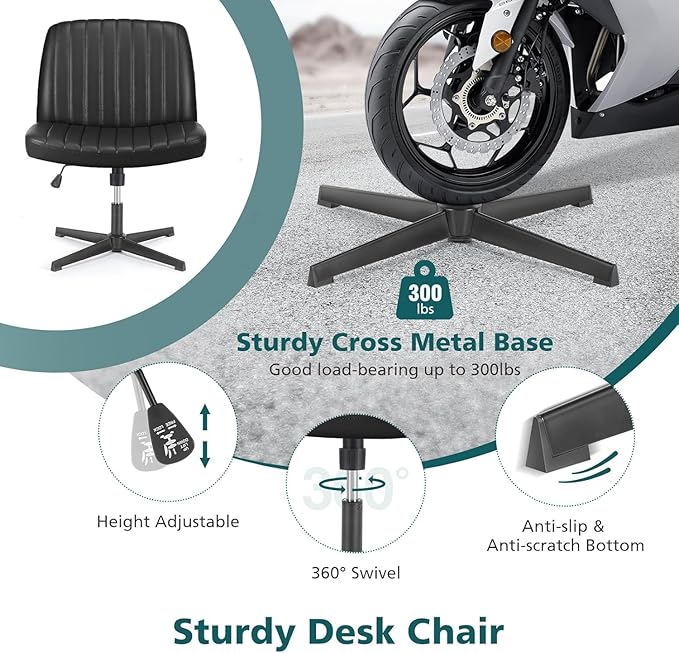 OLIXIS Criss Cross Legged Chairs Armless No Wheels Wide Seat Height Adjustable Swivel Padded PU Leather Home Office Desk Seating for Bedroom, Student, Study Room