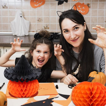 8 Pcs Honeycomb Pumpkin Decorations Halloween Party Set 3 Sizes Tissue Paper Honeycomb Balls for Indoor, Window Spooky Party Haunted House Decor