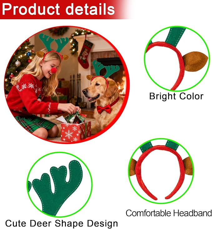 12 Pcs Christmas Reindeer Headbands and 12 Pcs Reindeer Red Nose, 3 Assorted Color Funny Cute Xmas Deer Hairbands with reindeer ears for Christmas Party Favors Family Holiday