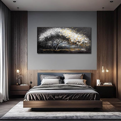 White and Gold Wall Art Tree Wall Decor Contemporary Landscape Canvas Art for Living Room Black Framed Wall Prints for Bedroom Office 24x48 Inch