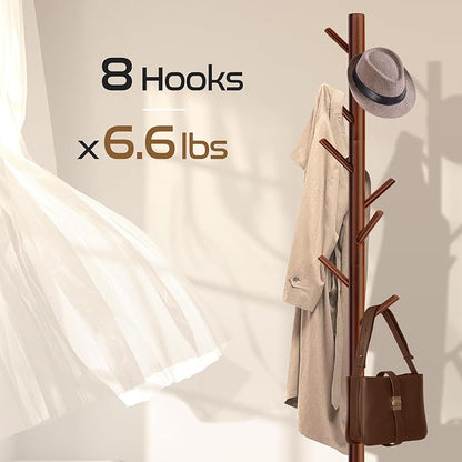 2PCS Solid Wooden Coat Rack Freestanding, New Zealand Pine Coat Tree with 8 Hooks & 3 Adjustable Sizes for Coats, Hats, Handbags and Scarves, Space Saving for Entryway/Office/Bedroom (Brown)