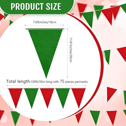 100 Feet Pennant Banners Flags 75 Solid String Triangle Flags for Grand Opening, Carnival Theme Birthday Party Decoration Outdoor Events Classroom Decoration(Red Green)