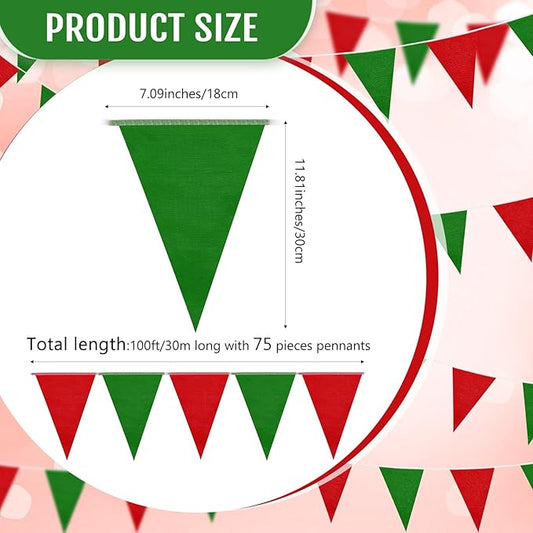 100 Feet Pennant Banners Flags 75 Solid String Triangle Flags for Grand Opening, Carnival Theme Birthday Party Decoration Outdoor Events Classroom Decoration(Red Green)