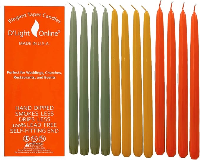 D'light Online Elegant 12" Seasonal Thanksgiving Taper Candles Premium Quality - Unscented, Hand-Dipped Tapered Candles, Dripless and Smokeless - Set of 12 (12 Inch, Fall Harvest)