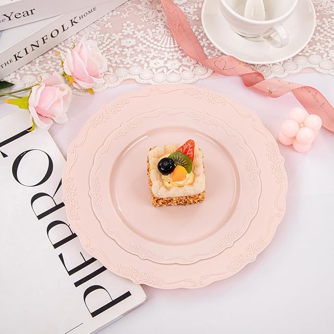 U-QE 100PCS Mauve Pink Plastic Plates - Plastic Party Plates Disposable Heavy Duty - Pink Disposable Plates for Party Including 50PCS 10'' Dinner & 50PCS 7.5'' Dessert
