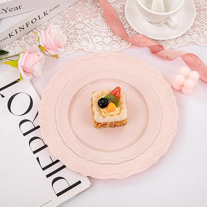 U-QE 100PCS Mauve Pink Plastic Plates - Plastic Party Plates Disposable Heavy Duty - Pink Disposable Plates for Party Including 50PCS 10'' Dinner & 50PCS 7.5'' Dessert