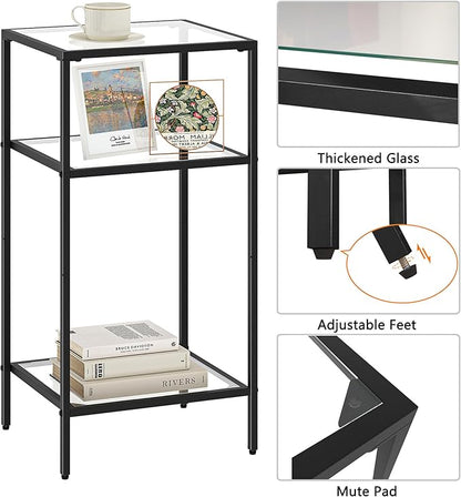 Homhedy 3-Tier Side Tables Set of 2, End Tables with Tempered Glass, Nightstands with Storage Shelves, Slim Sofa Tables for Living Room, Bedroom (2, Black)
