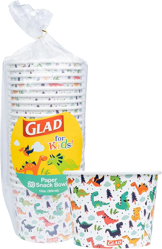 Glad for Kids Dinosaurs Paper Snack Bowls, Lids Not Included - Colorful Heavy Duty, Microwavable, Disposable Snack Cups with Lid for Soup or Ice Cream, 12 Ounce, 20 Count