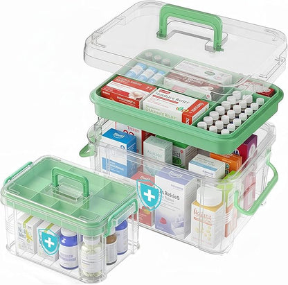 2 Pack Clear Medicine Organizer Box with Handle, Plastic Medicine Container with Tray First Aid Box Empty, Thickened Medicine Storage Organizer Multipurpose Medication Organizer Storage