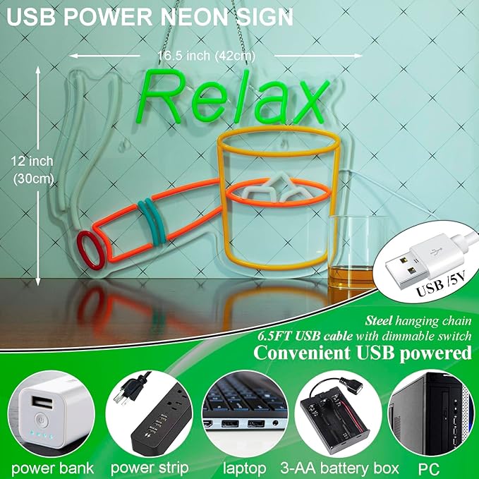 Relax Neon Sign, LED Neon light, Dimmable USB Powered, for Home Bar Patio Lounge Man Cave Pub Recreation Room Garage Wall Decor,Light Up Sign for Bourbon Bar Decor