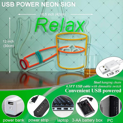 Relax Neon Sign, LED Neon light, Dimmable USB Powered, for Home Bar Patio Lounge Man Cave Pub Recreation Room Garage Wall Decor,Light Up Sign for Bourbon Bar Decor
