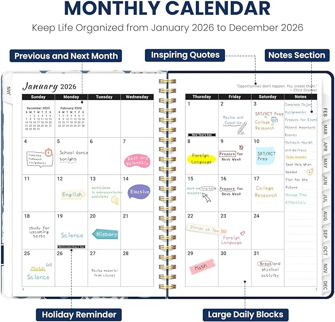 2026 Planner, Weekly and Monthly Planner for Women, Jan 2026 - Dec 2026 Pretty 2026 Calendar Planner with Monthly Tabs, Inner Pocket, Spiral Binding, Perfect for Office Home School - 8.5" x 11", Blue Art