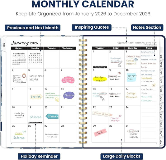 2026 Planner, Weekly and Monthly Planner for Women, Jan 2026 - Dec 2026 Pretty 2026 Calendar Planner with Monthly Tabs, Inner Pocket, Spiral Binding, Perfect for Office Home School - 8.5" x 11", Blue Art