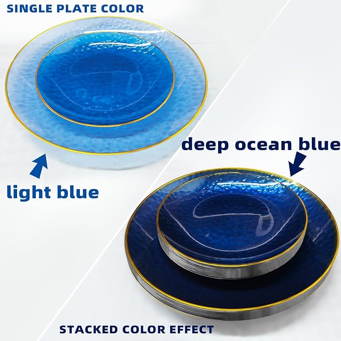 150 Pcs Blue Plastic Dinnnerware Set for 25 Guests - Clear Blue Plastic Plates Disposable with Gold Trim - Fancy Disposable Plates for Party Wedding Birthday Thanksgiving