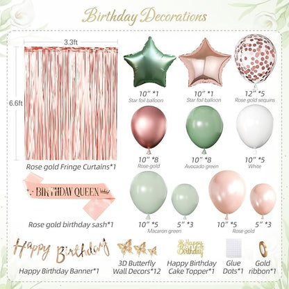 Sage Green and Rose Gold Birthday Party Decorations with Happy Birthday Banner, Green White Rose Gold Foil Balloons, Sash, Fringe Curtain, Cake Topper, Butterfly for Women Girls Party Supplies