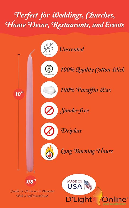 D'light Online Elegant 10" Pink Gradient Taper Candles Premium Quality- Unscented, Hand-Dipped Tapered Candles, Dripless and Smokeless - Set of 12 (10 Inch, Pink Gradient)