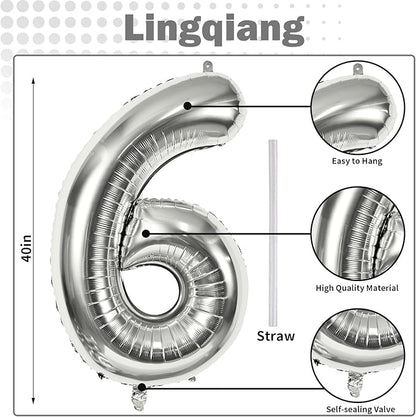 40" Silver Number 6 Balloon for Girls Boys, Large Self Inflating Helium Foil Number Balloons Set 0-9 for Women Men 6th 16th 60th Birthday Anniversary Wedding New Year Party Decorations Supplies