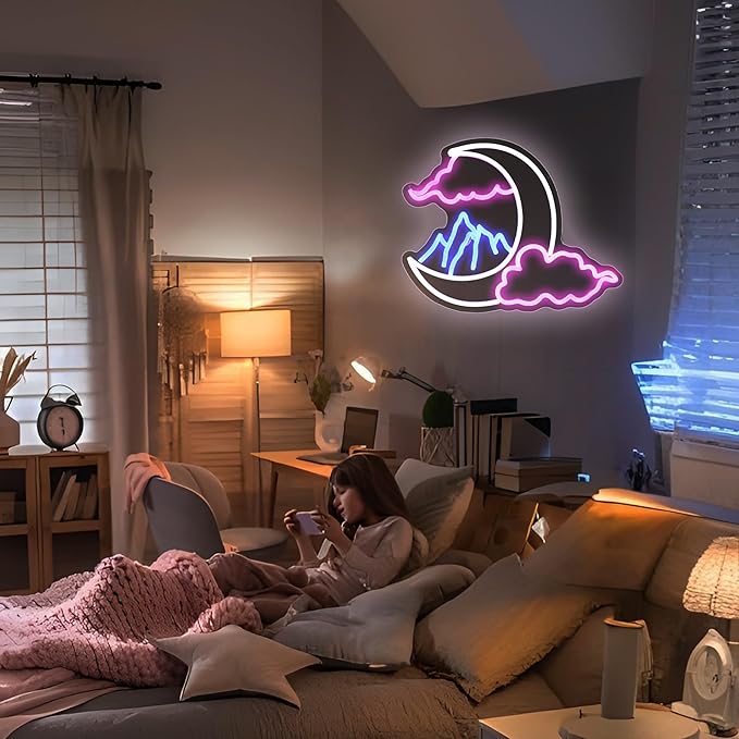 Moon Cloud Mountain Neon Sign Girl Room Decor Led Neon Lights Signs for Wall Decor USB Powered Led for Room Decoration
