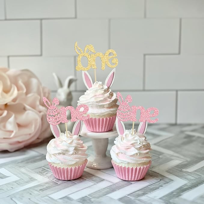 Ephlyn 24Pcs Pink Gold Glitter Cupcake Toppers - Happy Easter & Birthday Cake Decorations for Spring Parties