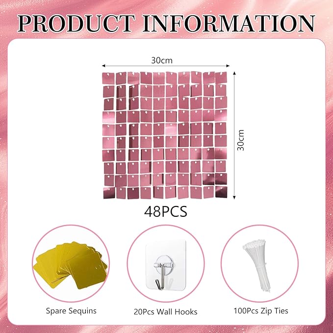 48 PCS Deep Pink Shimmer Wall Backdrop, Square Sequin Photo Backdrops Panel, Glitter Wall Background for Birthdays, Weddings, Halloween, Engagements, Disco Bachelorette Party Decoration (6FTx8FT)