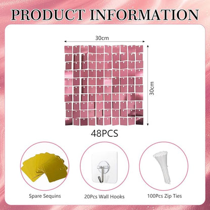 48 PCS Deep Pink Shimmer Wall Backdrop, Square Sequin Photo Backdrops Panel, Glitter Wall Background for Birthdays, Weddings, Halloween, Engagements, Disco Bachelorette Party Decoration (6FTx8FT)