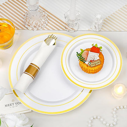 350 PCS White and Gold Plastic Dinnerware Set for 50 Guests, 100 Disposable Plates for Party, 50 Pre Rolled Napkins with Gold Silverware, 50 Cups